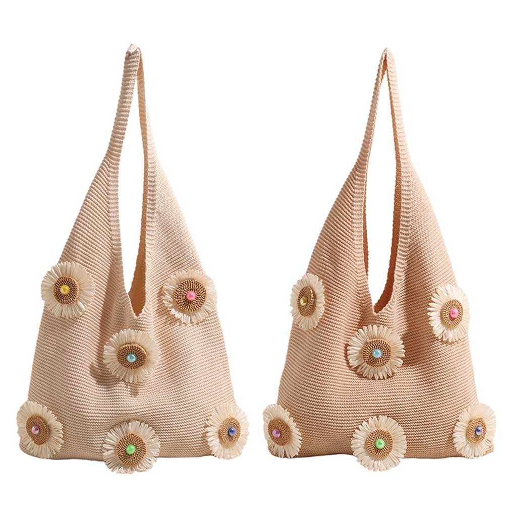 Women Knitted Tote Handbag Hollow Out Flower Knitting Shopping Handbag Large Capacity Simple Underarm Bag Female Outdoor Bag