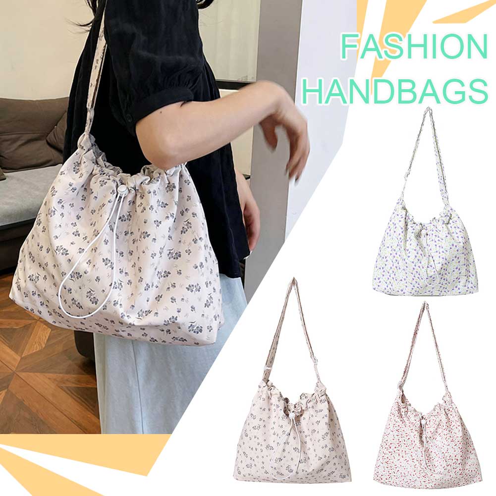 Women Fashion Shoulder Bag Large Capacity Drawstring Floral Crossbody Bag Adjustable Strap Simple Sling Bag Daily Commuting Bag