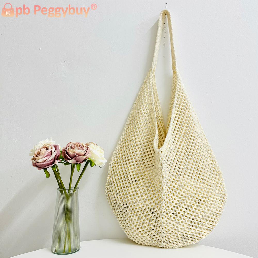 Women Crochet Shoulder Bag Mesh Summer Beach Bag Solid Hobo Bag Large Capacity for Vacation Travel Shopping