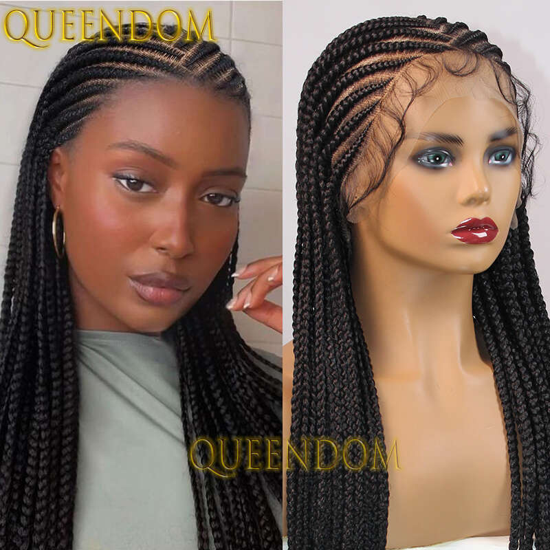 36 Inch Synthetic Braid Lace Frontal Faux Locs Middle Parted Tribal Braids For Black Women Jumbo Box Braided Cornrow Wig