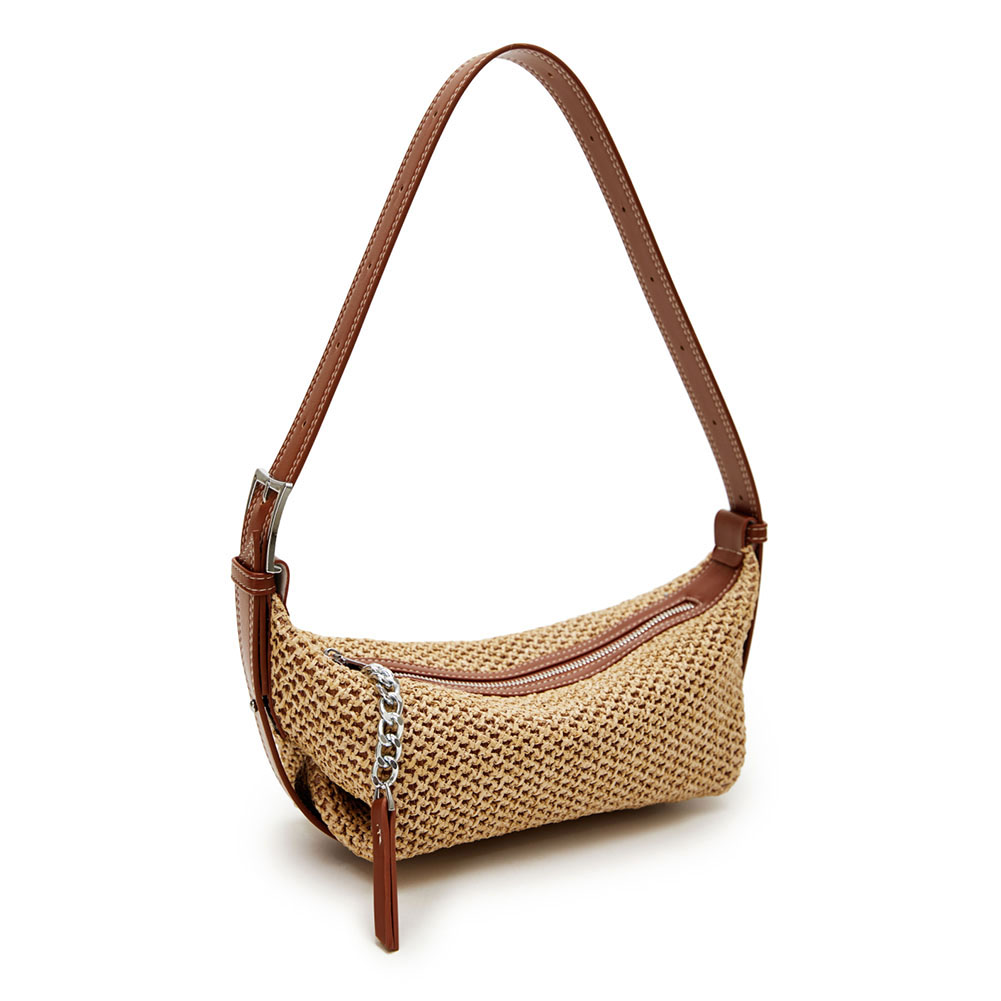 Women Straw Dumpling Bag Adjustable Strap Vintage Shoulder Bag Contrast Color Retro Straw Sling Bag Ladies Summer Daily Bag