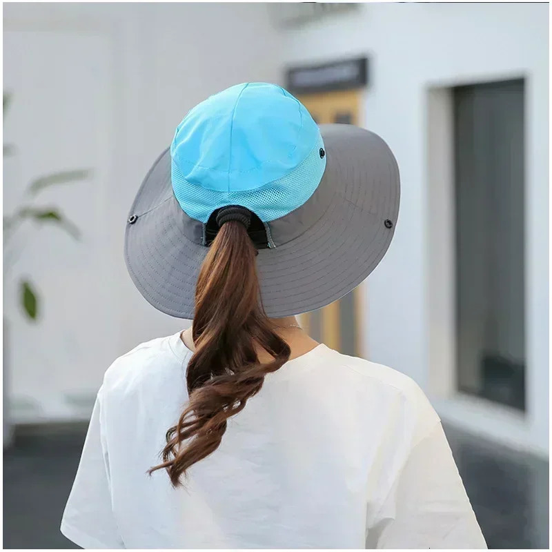Womens UV Protection Wide Brim Sun Hats Cooling Mesh tail Hole Cap Foldable Travel Outdoor Fishing Hat 240403