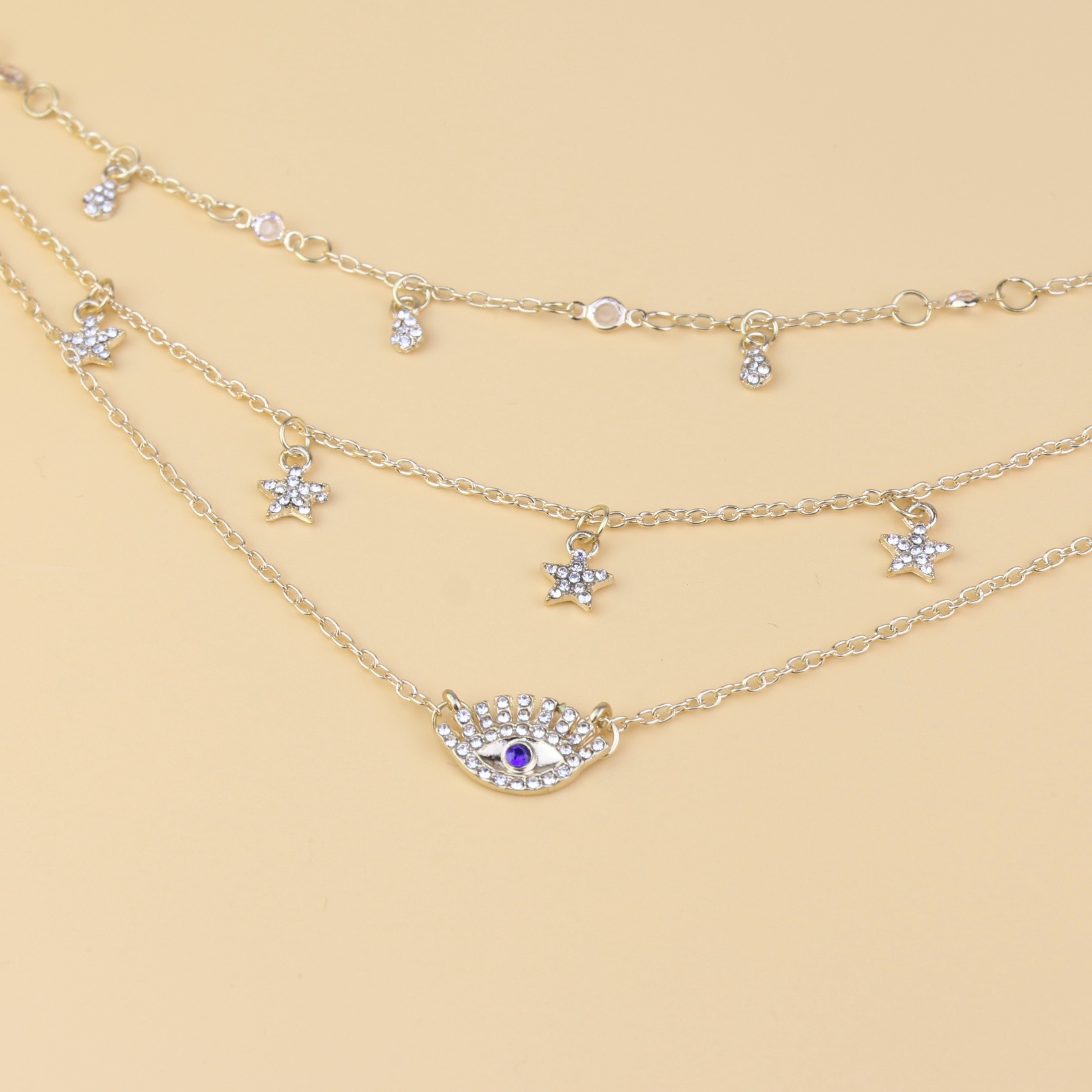 Retro Fashion Personality Full Diamond Eyes Set with Diamond Pentagram Necklace Multi-layer Water Droplet Star Flat Diamond Necklace for Women
