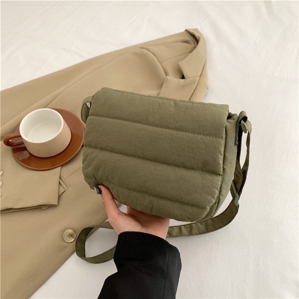 Korean Style Quilted Cotton Shoulder Bag Nylon Flip Up Puffer Tote Bag Wide Straps Solid Color Puffy Handbag School