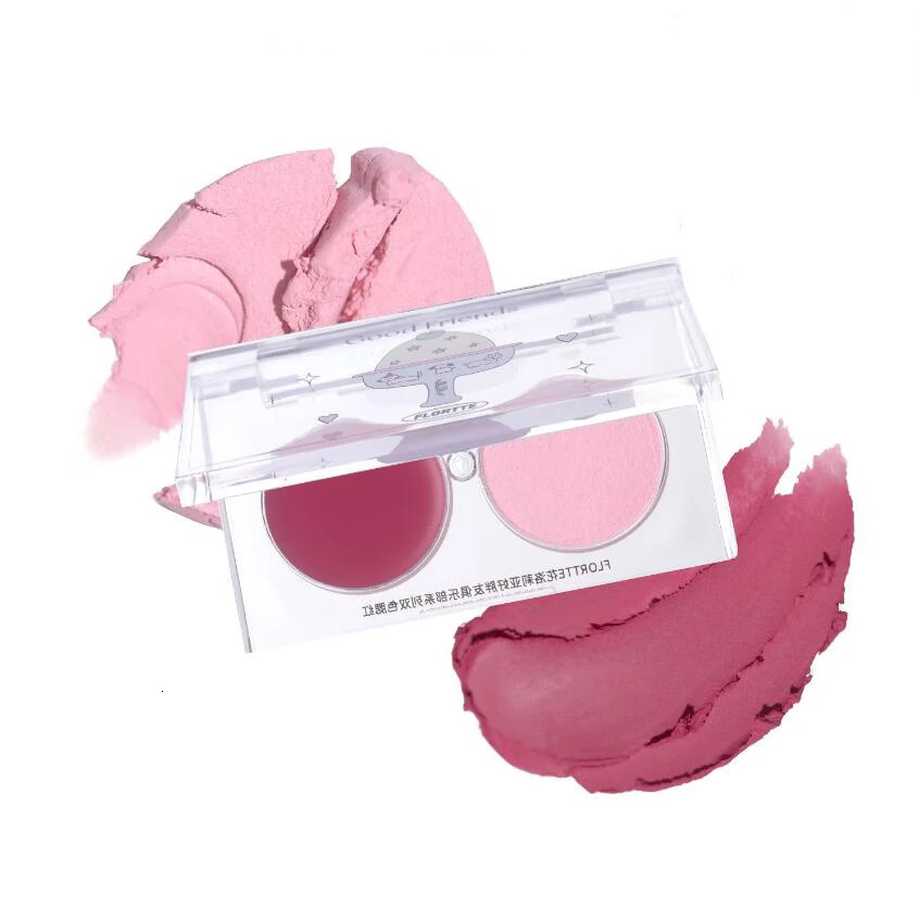 FLORTTE powder blusher makeup Korean two-color face cream powder blusher for cheeks Multi purpose waterproof durable face cream palette 241107