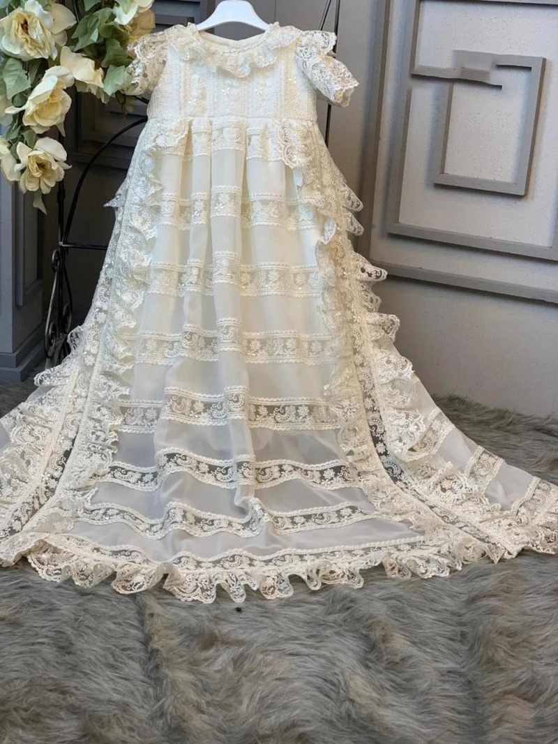Princess First Communion Gown For Baby O Neck Lace Bow Christening Dresses For Newborns Short Sleeve Appliques Kid Formal Wear Baptism Dress
