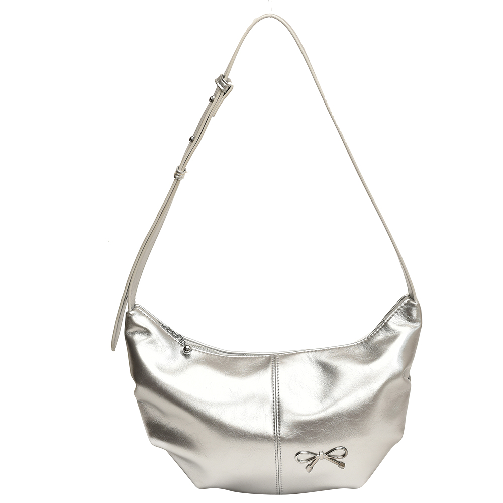 Women Shoulder Bag Metal Bow PU Leather Crescent Bag Adjustable Strap Handbag Solid Color Hobo Bag for Travel Commuting