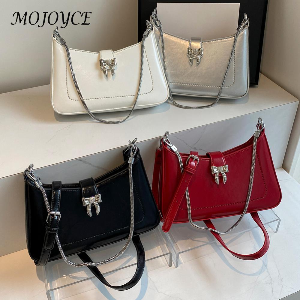 Fashion Bowknot Crossbody Bag PU Leather Clutch Tote HandBag Zipper Closure Underarm Bag for Women Work Shopping Travel