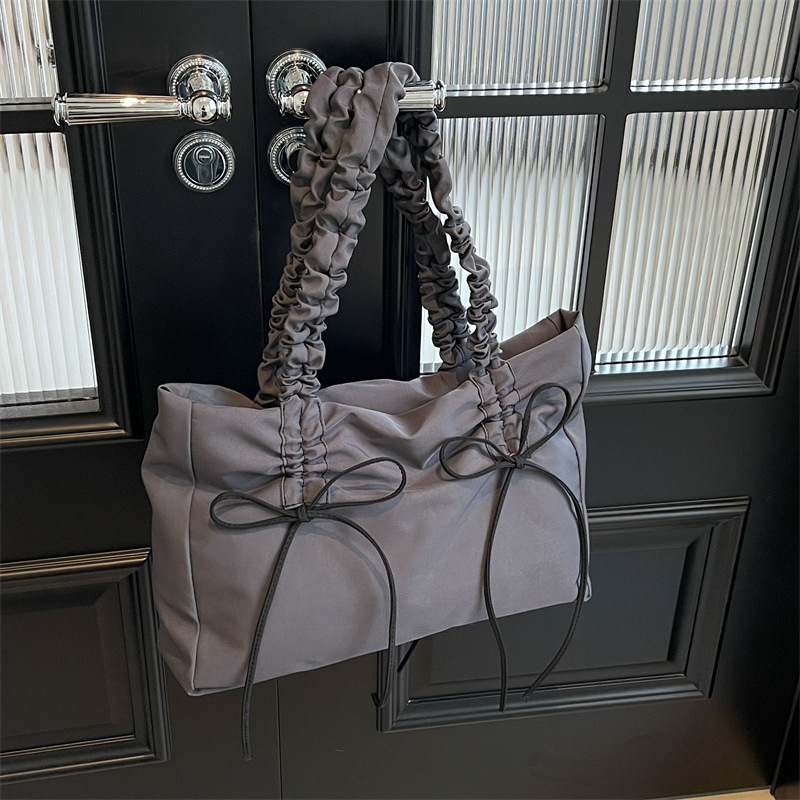 Niche Design Pleated Bow Shoulder Bag Women 2024 New Trendy Versatile Solid Tote Bags Girl Large Capacity Canvas Handbag