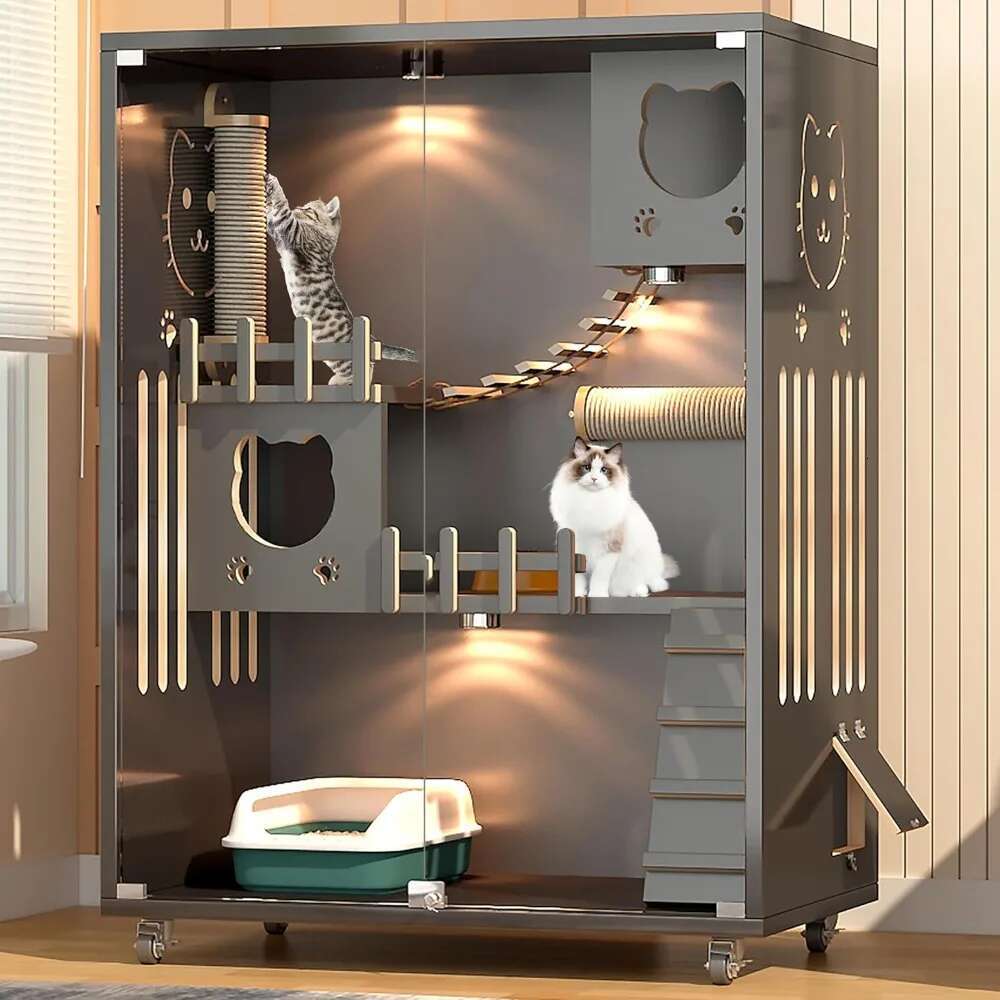 Wooden Enclosure, Indoor/Outdoor Cage Large Space,Multi-Feature Enclosed Cat for Indoor Cats Ventilation Doors