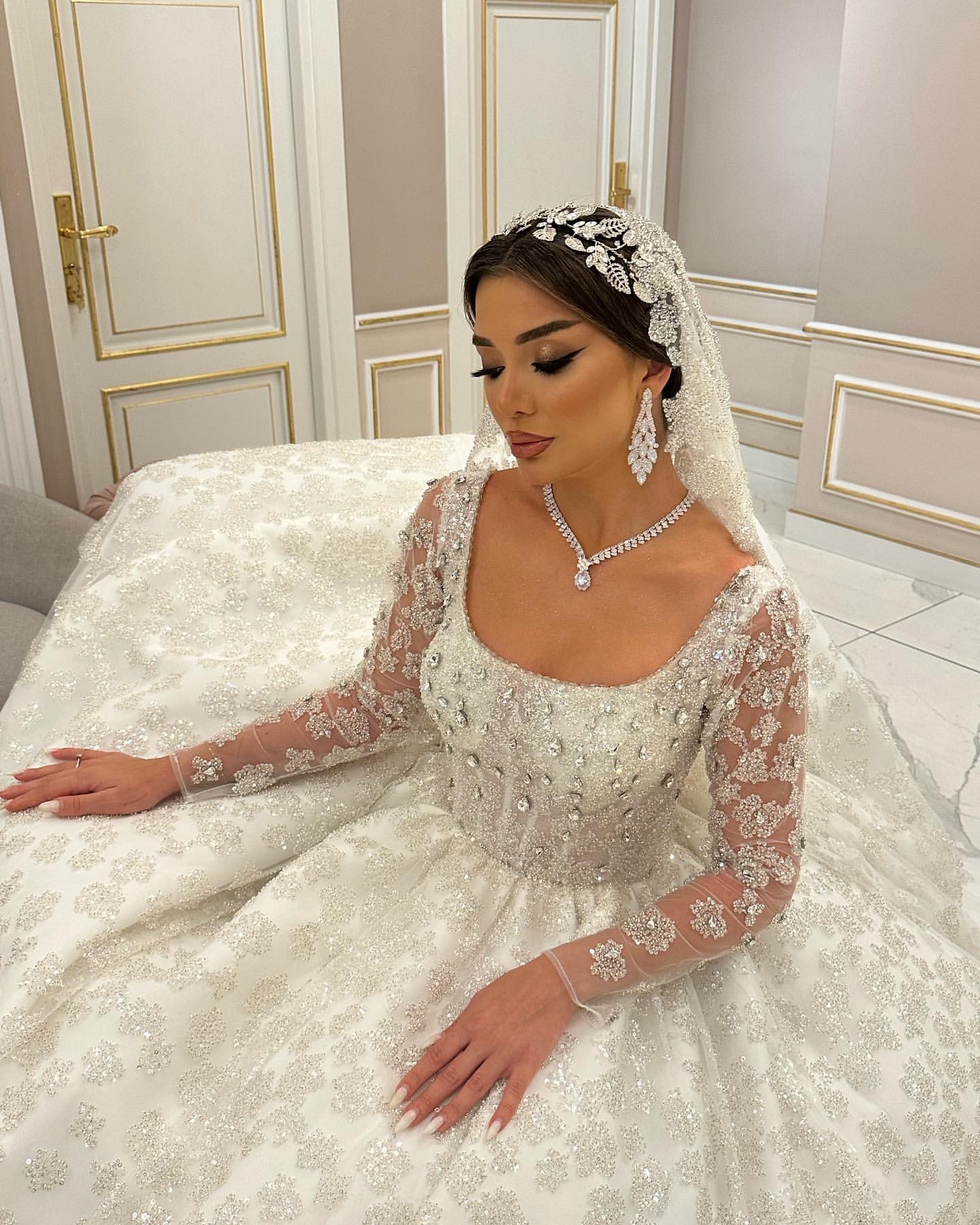 Saudi arabic crystal ball gown Wedding Dress for bride illusion wedding dresses long sleeves ruffle Dubai r Bridal gowns plus size