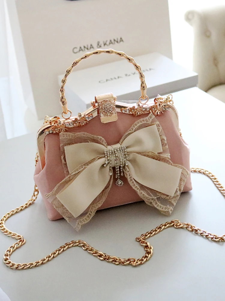 Light pink foreign style fairy bow bag chain autumn new versatile sweet shoulder crossbody portable
