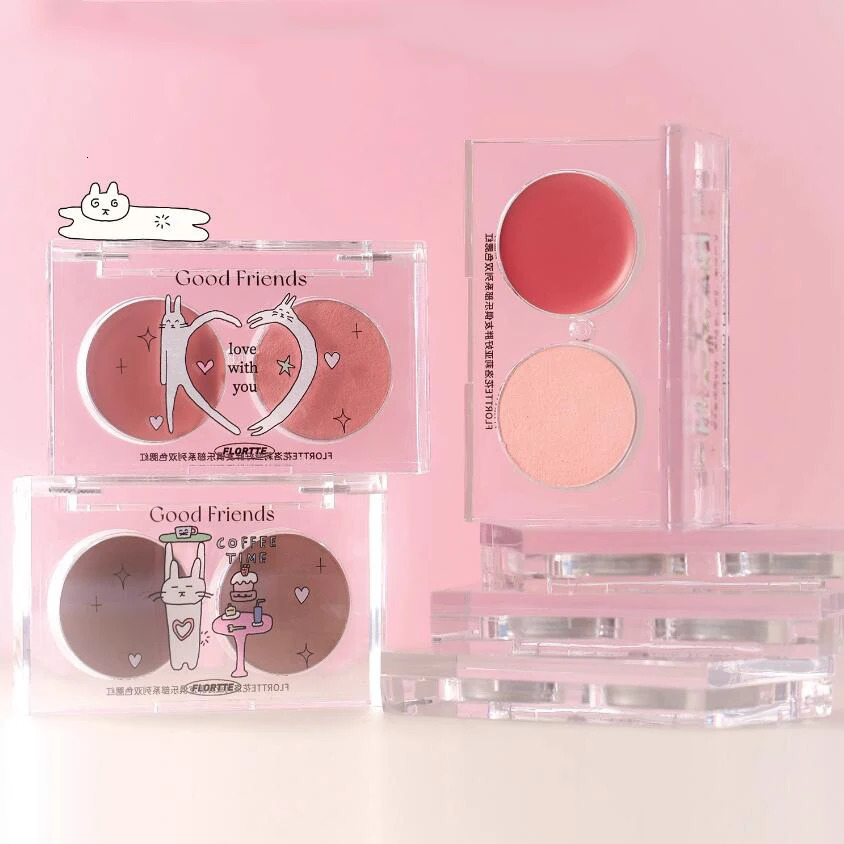 FLORTTE powder blusher makeup Korean two-color face cream powder blusher for cheeks Multi purpose waterproof durable face cream palette 241107