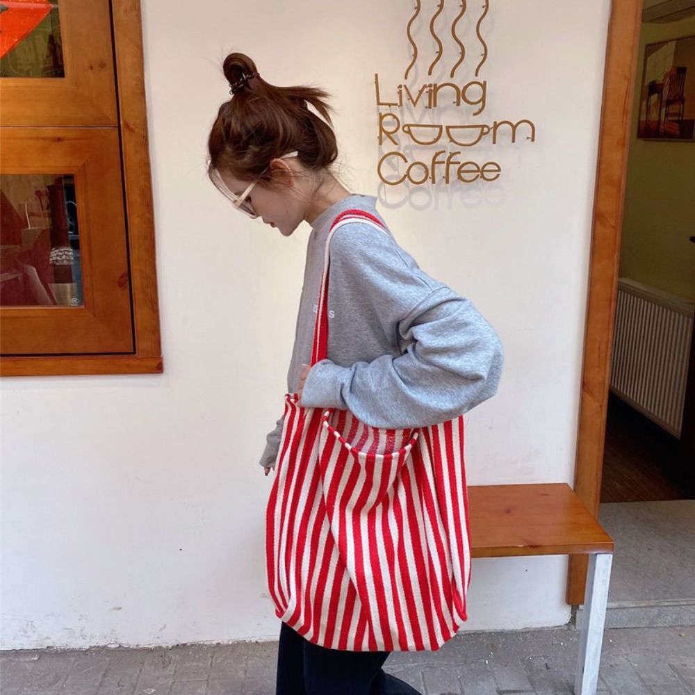 Simple Retro Large Capacity Stripe Bag Tote Commute Canvas Shoulder Bag Daily Handbag Shopping Bag Girls