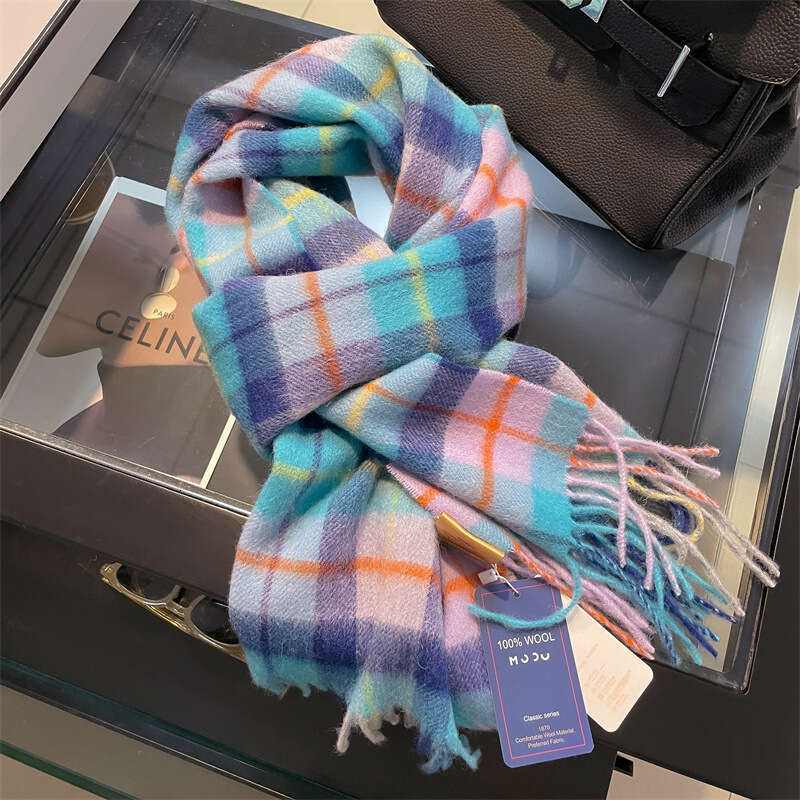 Korean version of white purple plaid pure wool women in autumn winter, warm and versatile for couples, skin friendly scarf trend