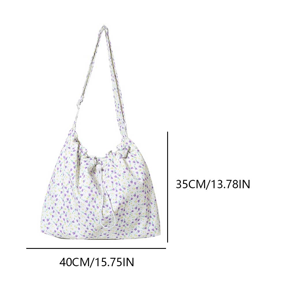 Women Fashion Shoulder Bag Large Capacity Drawstring Floral Crossbody Bag Adjustable Strap Simple Sling Bag Daily Commuting Bag