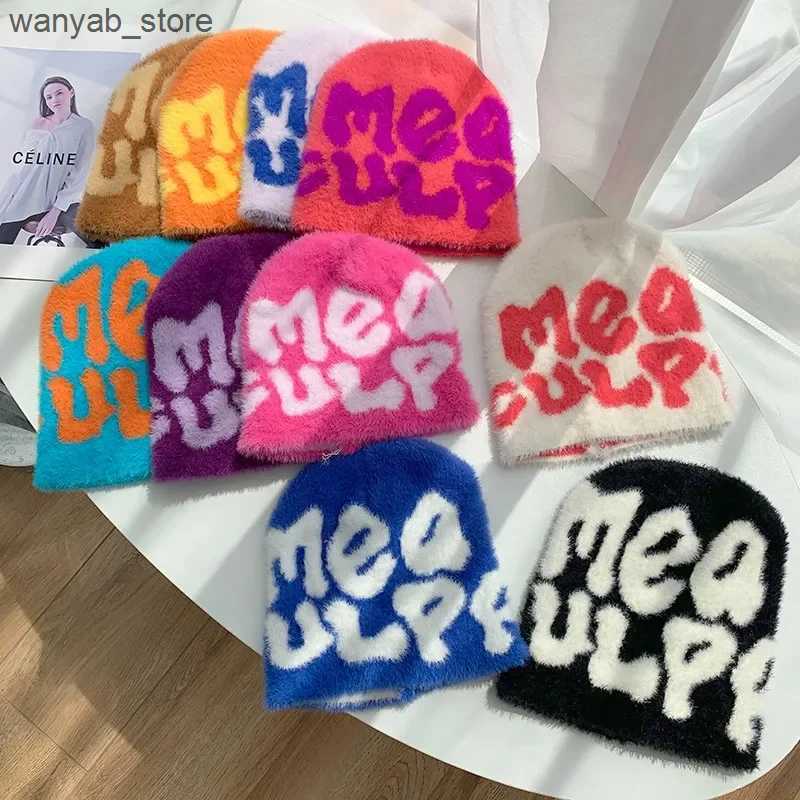 Beanie/Skull Caps Newest Y2K Unisex Warm Beanie Hat Plush Letters Jacquard Rabbit Fur Cashmere Skullies Ins Soft Fuzzy Personality Beanie Hat L240910