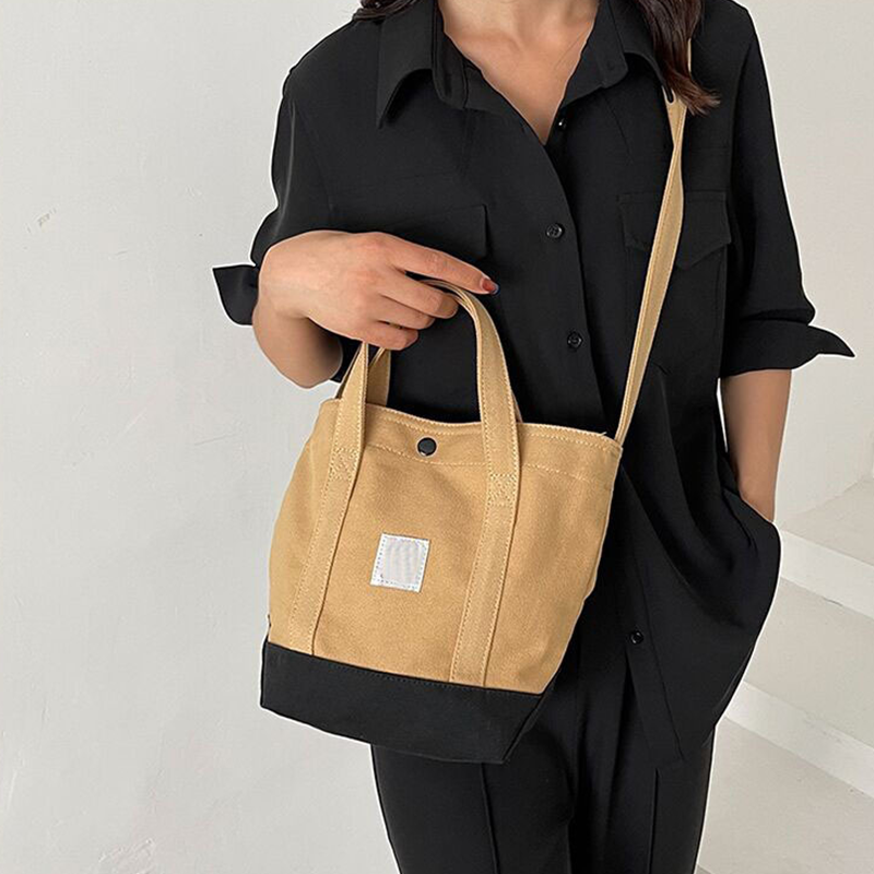 New Canvas Work Splicing Bag Handbag Bucket Bag Single Shoulder Tote Bag Fashion Slanting Cross Tide Women's Bags