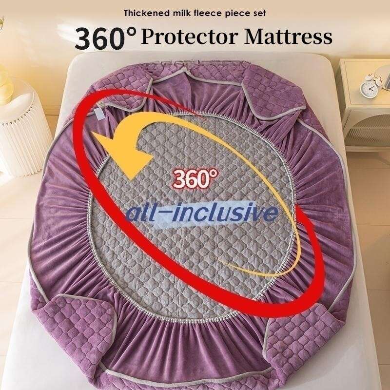 Thick Fleece Mattress Cover Solid Color Quilted Fluffy Bed Queen/King Size Fitted Sheet For Winter (Pillowcase Need Order)