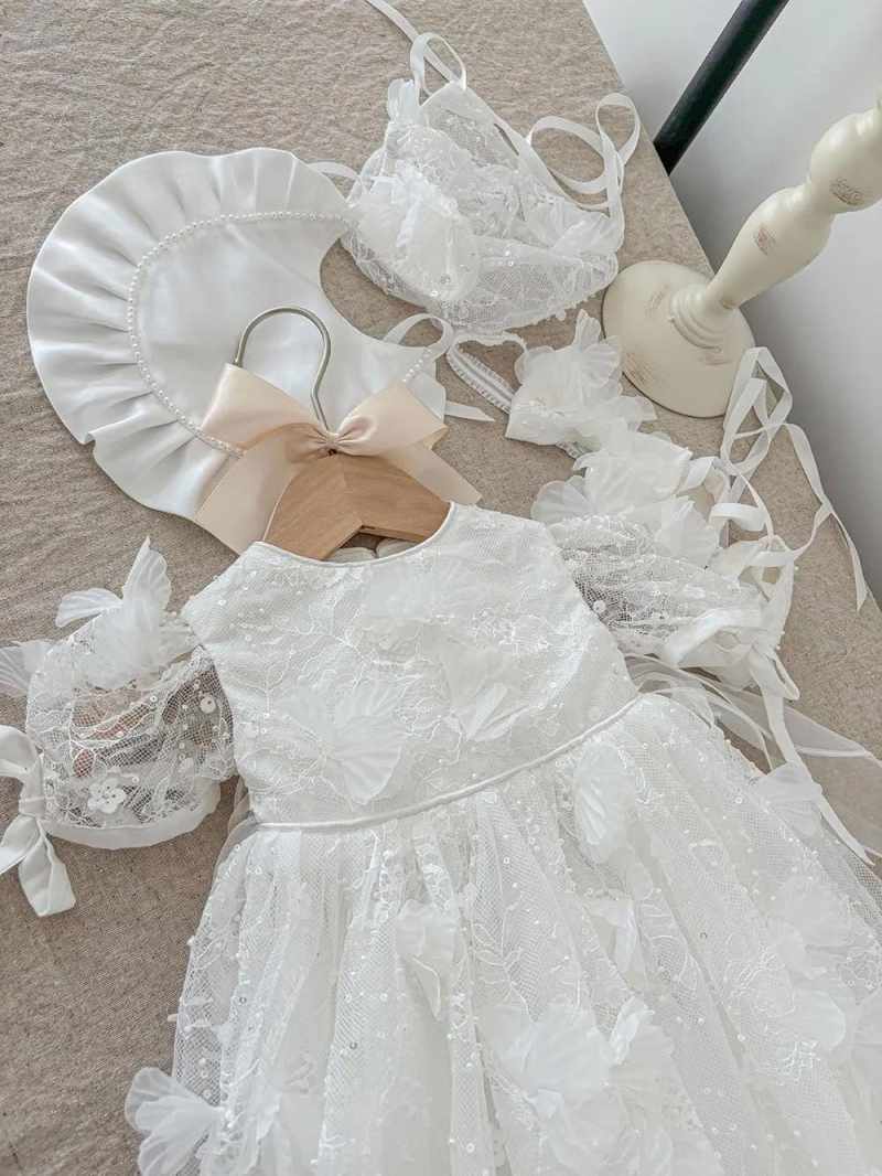 Classic First Communion Gown For Baby O Neck Sequins Tulle Christening Dresses For Newborns Short Sleeve Appliques Kid Formal Wear Baptism Dress