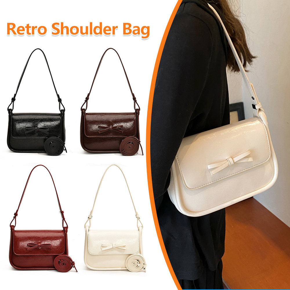 Women Retro Shoulder Bag PU Leather Bow Classic Designer Crossbody Bag Solid Color Square Underarm Bag Girls Dating Bag