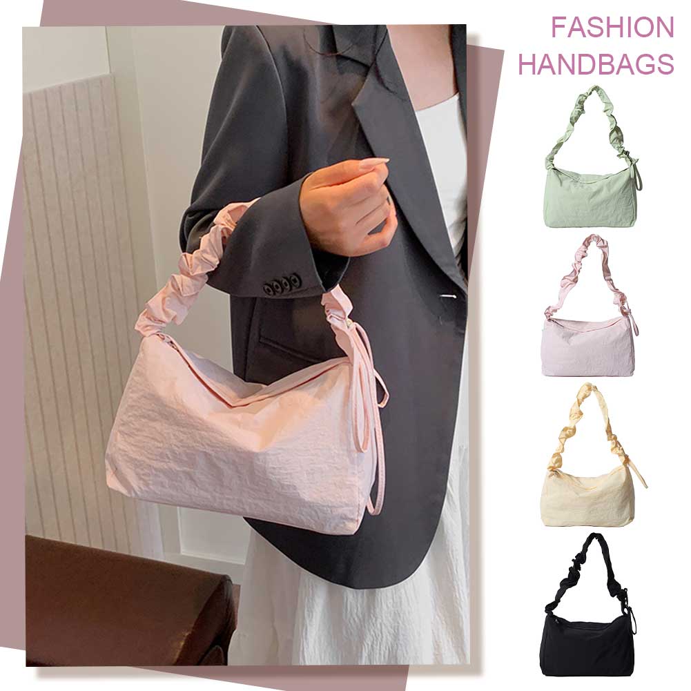Women Shoulder Bag Ruched Nylon Crossbody Bag Solid Satchel Purse Trendy Hobo Bag for Shopping Travel