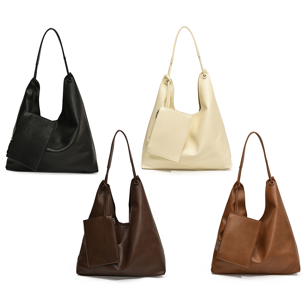 Women Fashion Shoulder Bag PU Leather Chic Tote Handbag Large Capacity Casual Shoulder Handbag Leisure Bag with Matching Clutch