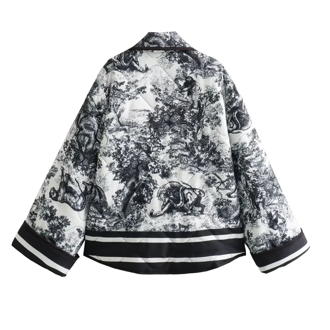 Designer's new autumn top women's printed double pocket decorative cotton jacket
