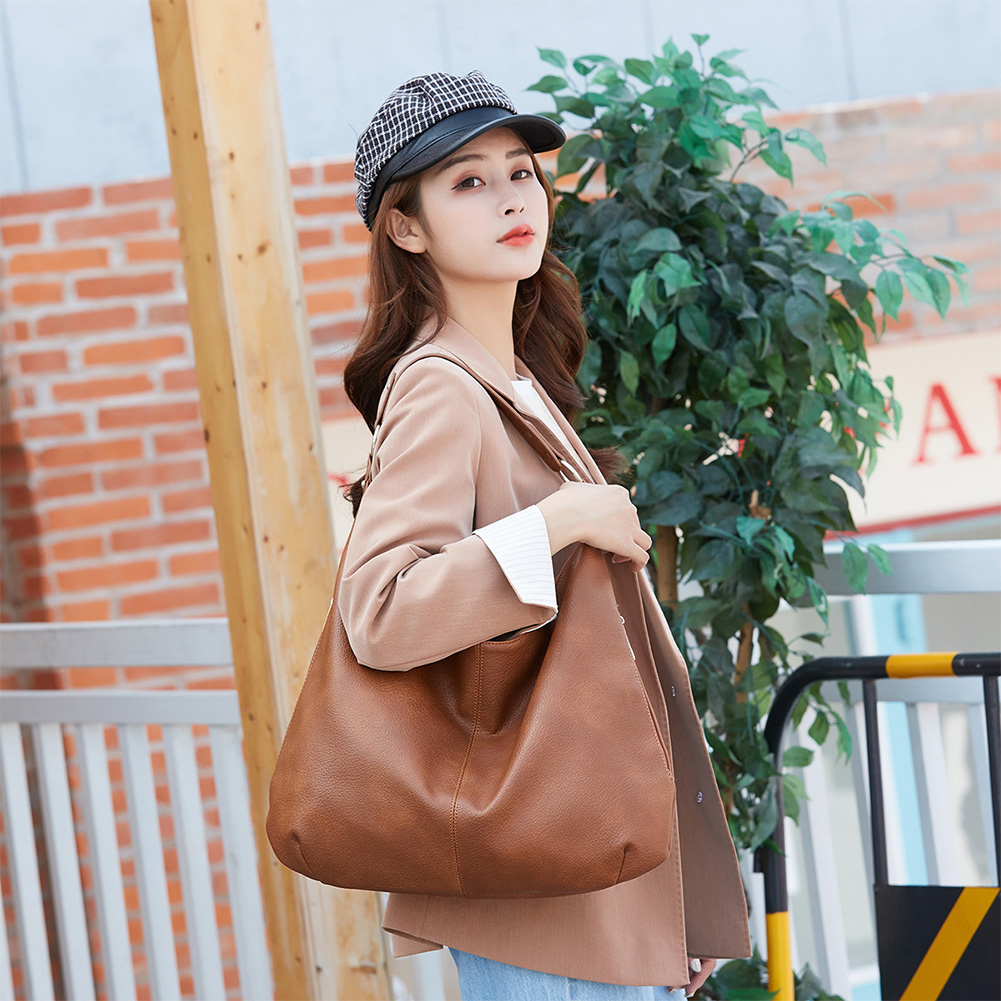 Shoulder Purse for Women Multi Pockets Slouchy Bag PU Leather Solid Tote Purse Crescent Bag for Work Travel