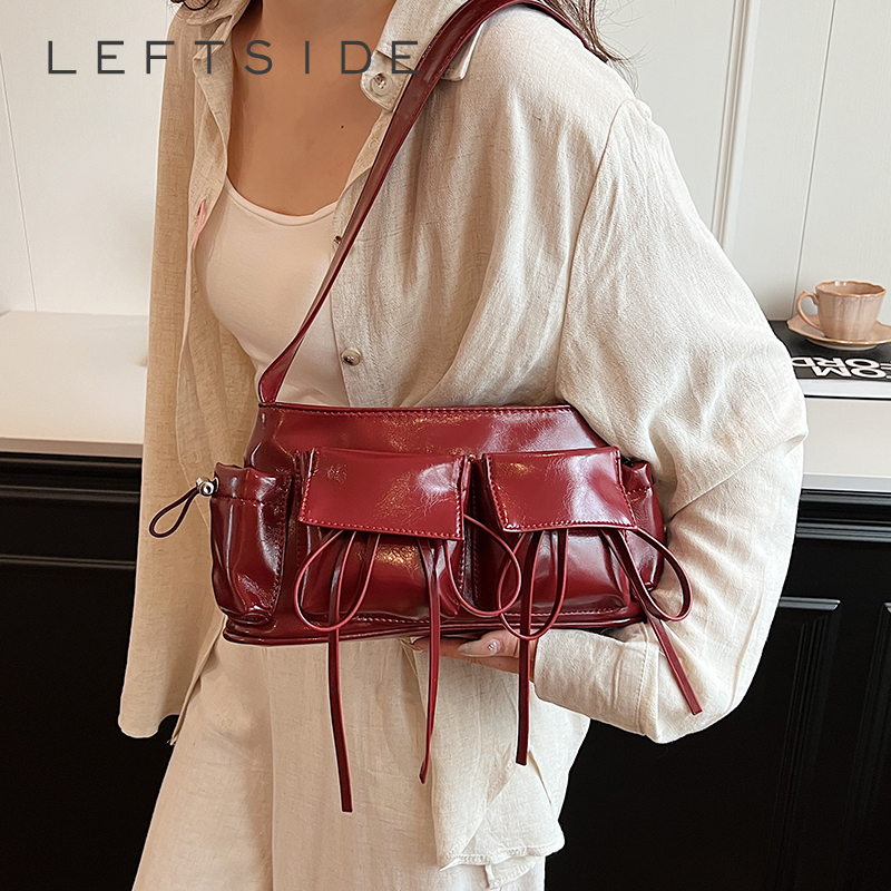 LEFTSIDE Double Pockets Design PU Leather Shoulder Bags for Women 2024 New Fashion Trend Crossbody Bag Female Silver Handbags