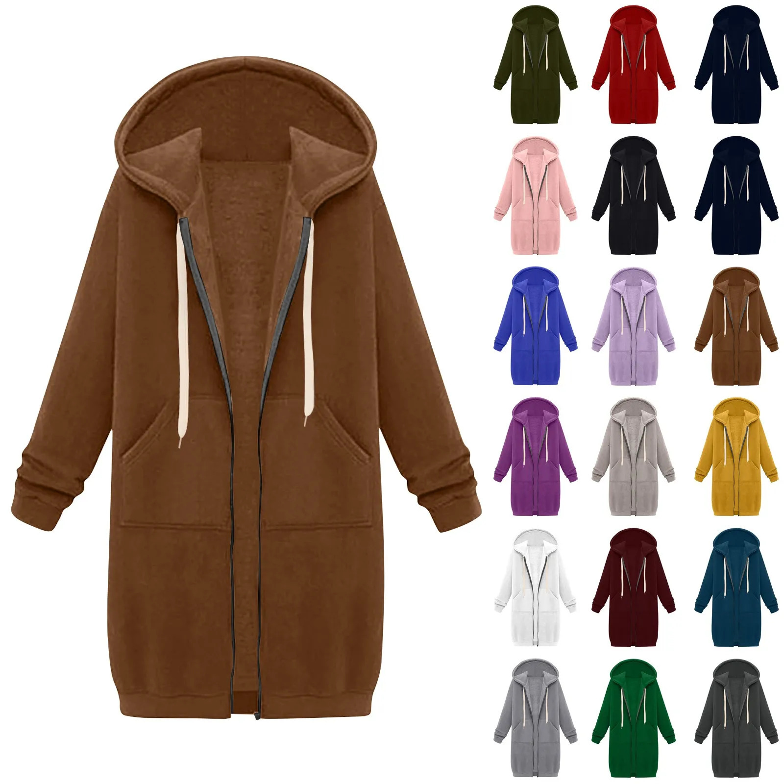 WomenS Casual Zip Up Hoodies Long Tunic Sweatshirt Winter Windproof Drawstring Hooded Jacket Outerwear With Pockets Comfortable 241108