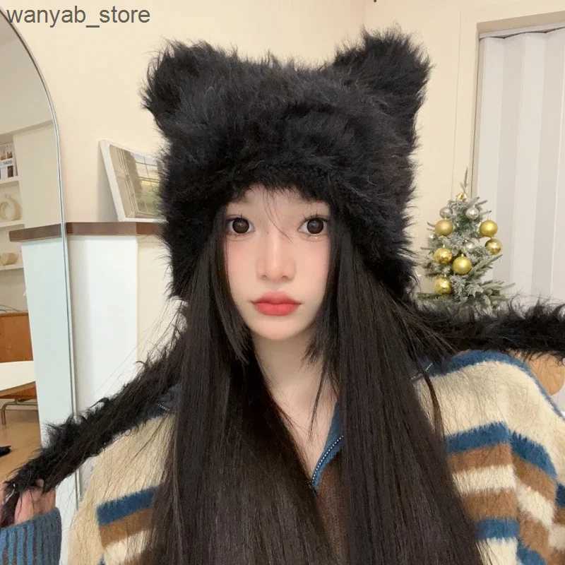 Beanie/Skull Caps Halloween Winter Plush Cute Cat Ears Beanies Women Pullover Hats Korean Ear Protection Strap Beanies Hat with Earflap Y2k Girl L2409