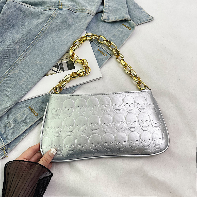 Women Skull Embossed Shoulder Bag PU Leather Skull Chain Underarm Bag Skull Embossed Handbag Ladies Daily Bag