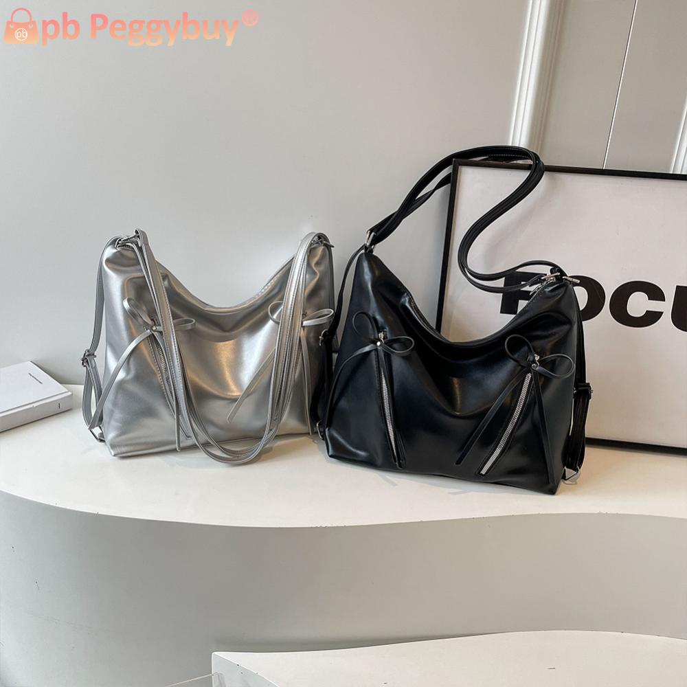 Cute Bow Shoulder Bag PU Leather Trendy Crossbody Bag Solid Color Backpack with Zipper Satchel Purse for Women