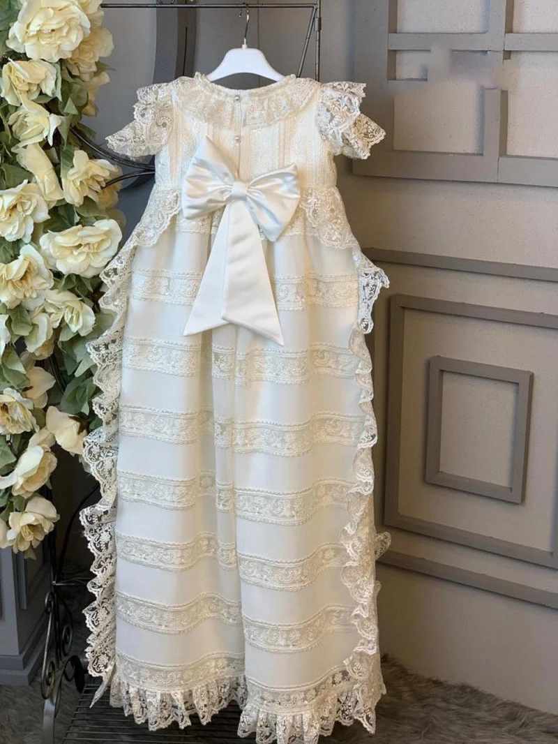 Princess First Communion Gown For Baby O Neck Lace Bow Christening Dresses For Newborns Short Sleeve Appliques Kid Formal Wear Baptism Dress