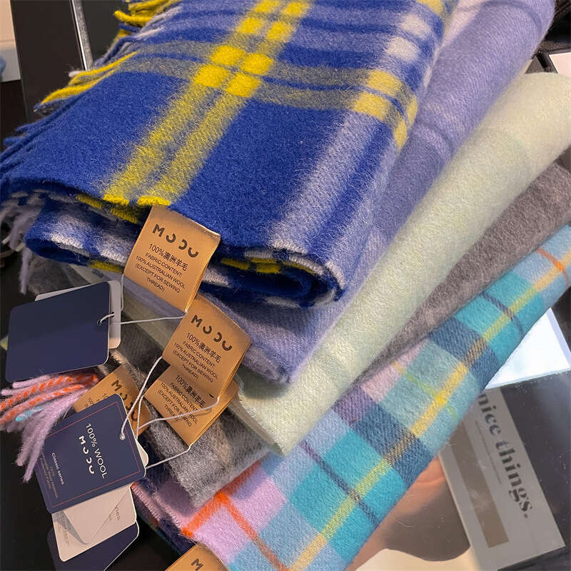 Korean version of white purple plaid pure wool women in autumn winter, warm and versatile for couples, skin friendly scarf trend