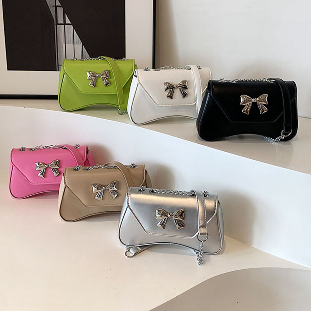 Women PU Bow Fashion Shoulder Bag Large Capacity Stylish Messenger Bag Solid Color Elegant Handbag Chain Strap Travel Sling Bag