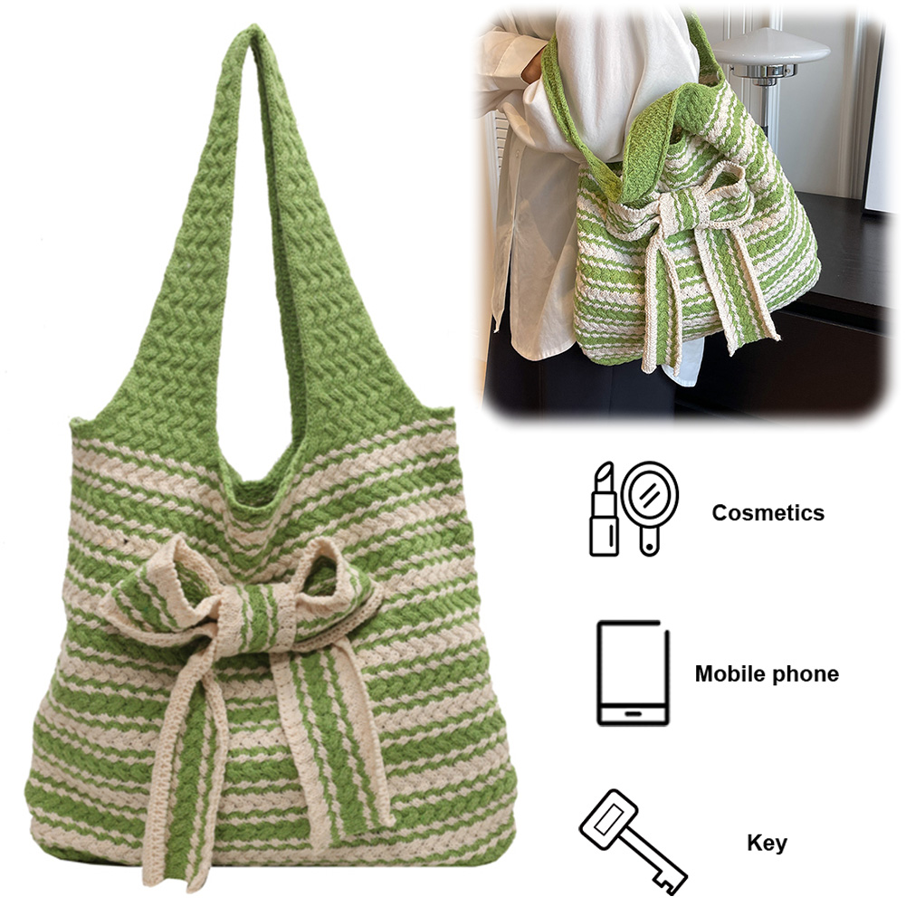 Women Crochet Tote Bag Contrast Color Aesthetic Shoulder Bag Large Capacity Knitted Tote Handbag Woven Bag for Female