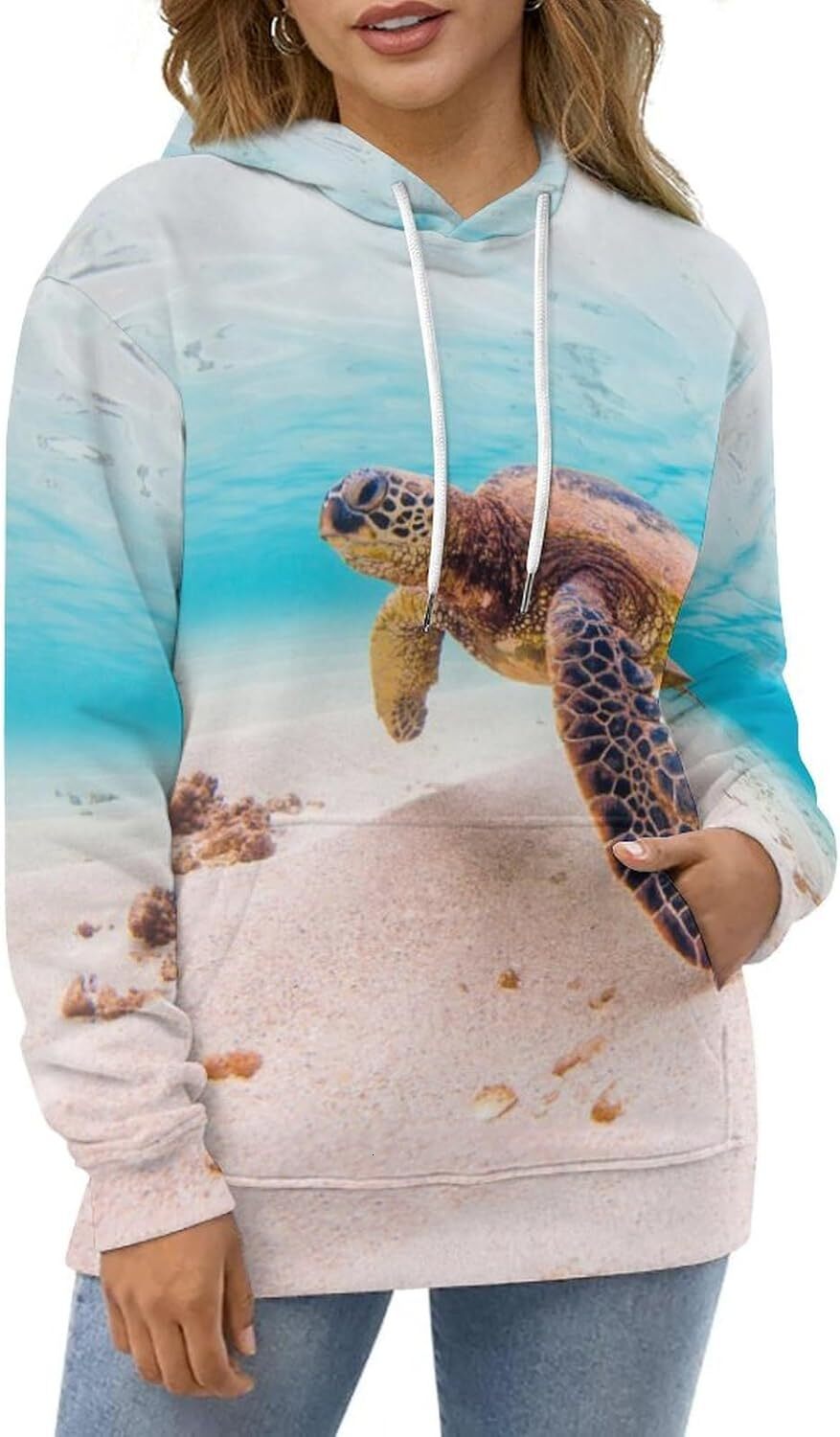 Hoodie for Mens Womens Hawaiian Green Sea Turtle Hoodies for Men 3D Print Pullover Hooded Drawstring Loose Sweatshirt with Big Pockets Graphic