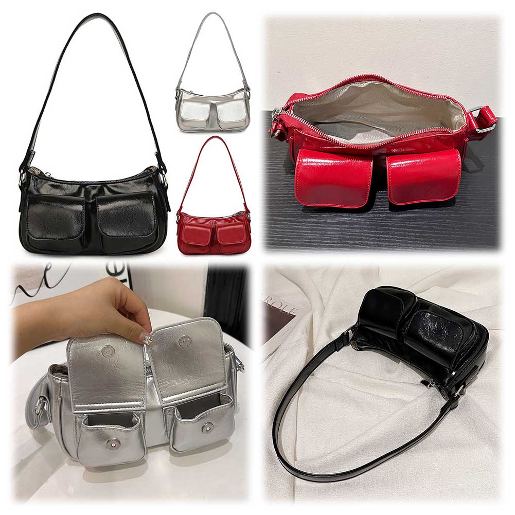 Women Tote Purse Double Pockets PU Leather Satchel Hobo Bag Solid Color Underarm Bag Clutch Purse Shopping Bag