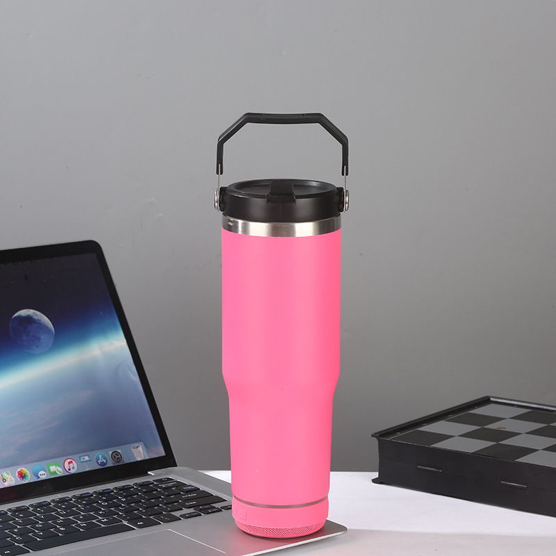 Portable colored Powder Coated 30oz Speaker Flip Straw Travel Mug Durable BPA Free Stainless Steel Sports Cup with Carry Handle