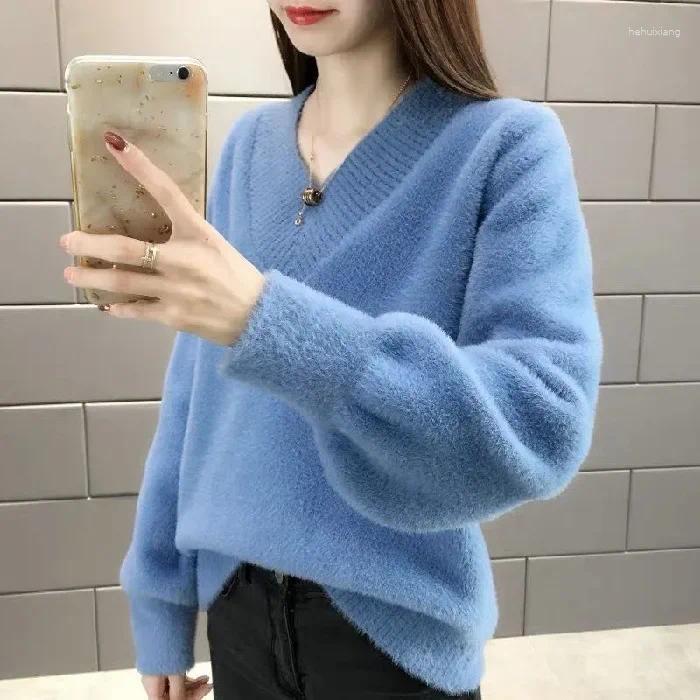 Women's Sweaters Winter V-Neck Sweater Pullover Loose Fit Korean Style Thickened Knit Outerwear Base Layer Top Trendy