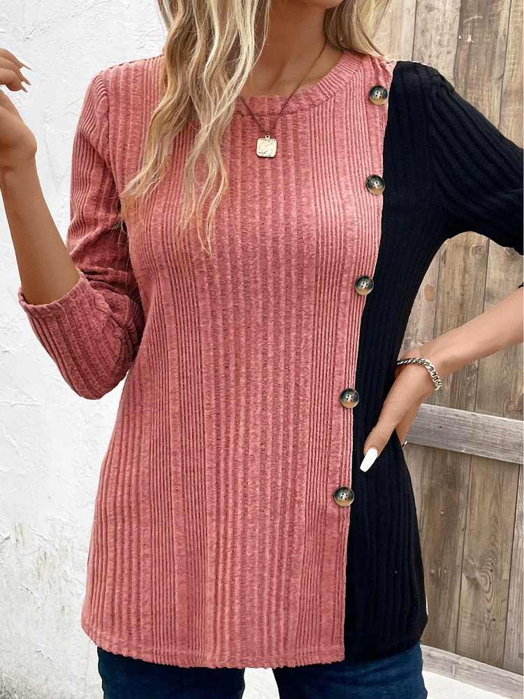 2025 Designer Ribbed Color Blocked Button Decorative T-shirt Spring And Autumn Casual Long Sleeved Top Women's Wear