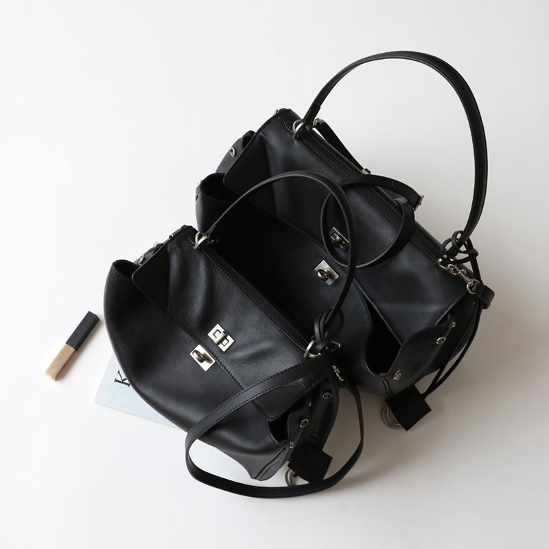 Large Black Genuine Leather Handbag hot - Gold Hardware Commuter Tote