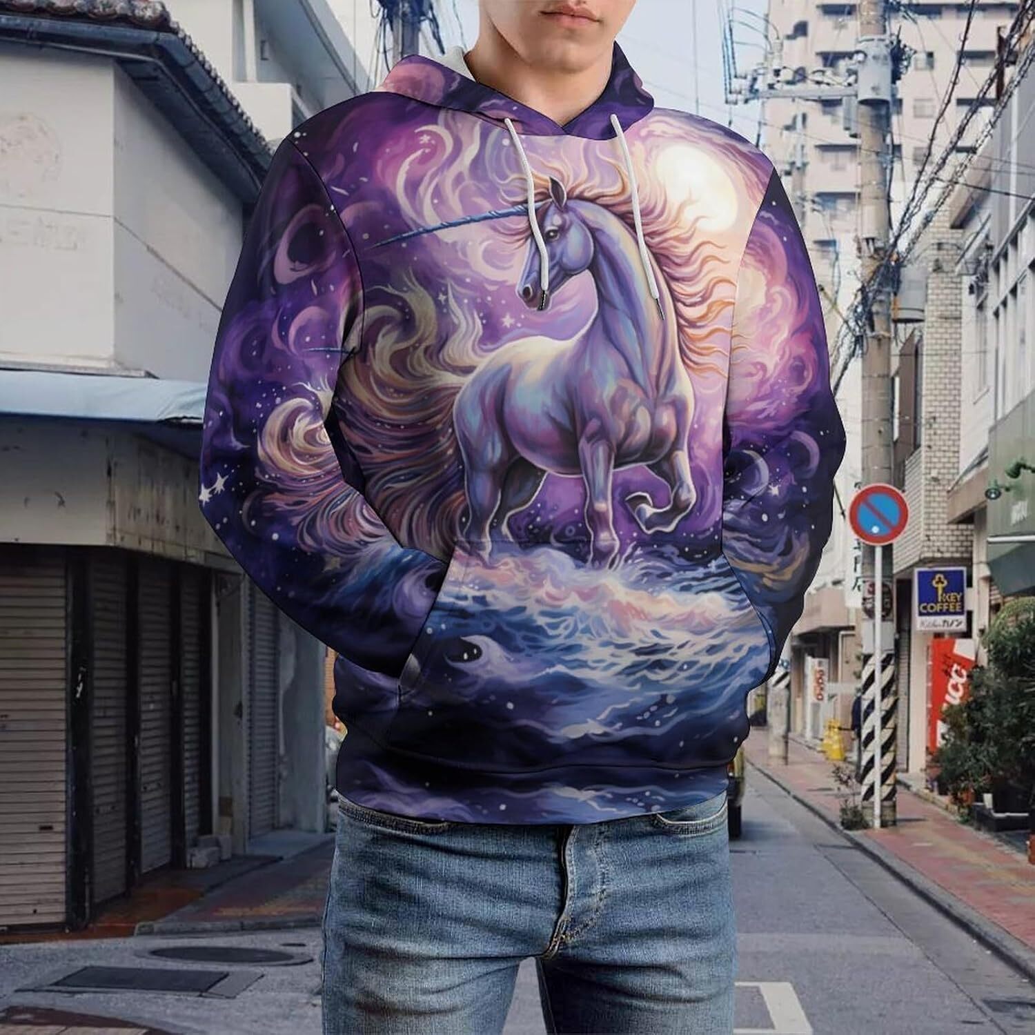 Hoodie for Mens Womens Colourful Unicorrn on Ocean in Night Hoodies for Men 3D Print Pullover Hooded Drawstring Loose Sweatshirt with Big Pockets Grap