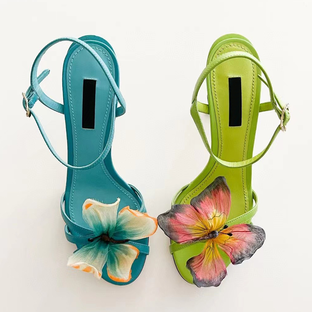 Rare Butterfly Blue Sandal Heels woman Luxury Designer dress shoes Yellow bow Stiletto Heel Fashion Wedding party Ankle Evening shoes 10cm factor