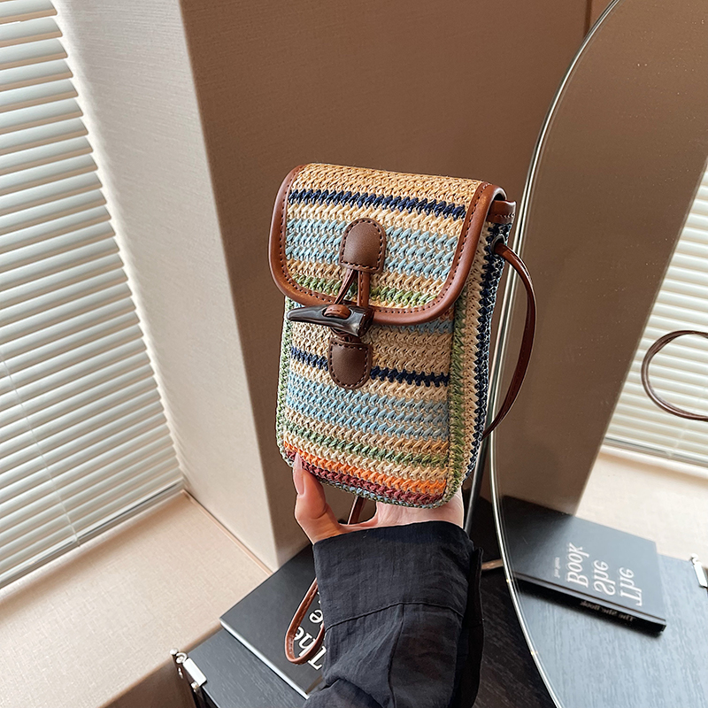 Women Small Crossbody Bag Patchwork Straw Woven Phone Bag Fashion Knitted Phone Pouch Trendy Weave Phone Purse Sling Phone Bag