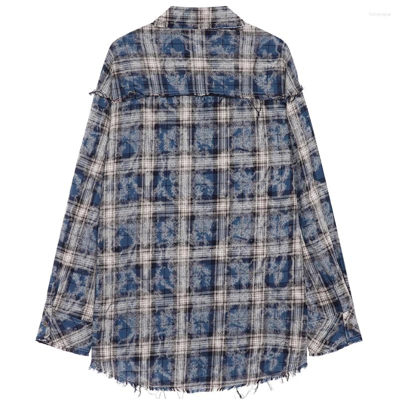 Men's Casual Shirts Hip Hop Streetwear Men Haruku Oversized Long Sleeve Plaid Distressed Tassed Loose Button Up Blouse