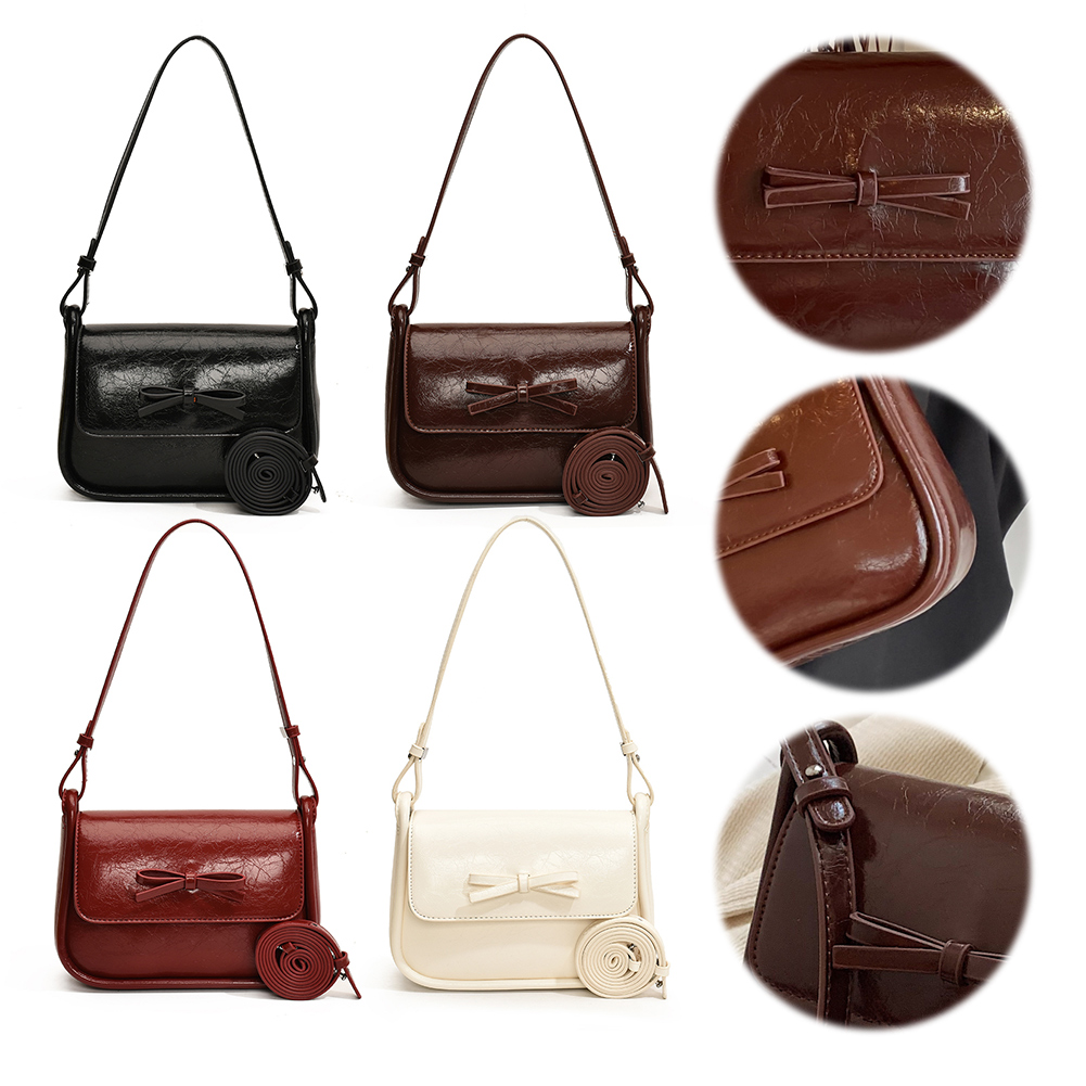 Women Retro Shoulder Bag PU Leather Bow Vintage Crossbody Bag Solid Color Simple Armpit Bag Girls Dating Bag