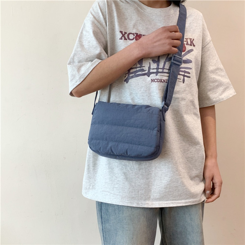 Korean Style Quilted Cotton Shoulder Bag Nylon Flip Up Puffer Tote Bag Wide Straps Solid Color Puffy Handbag School
